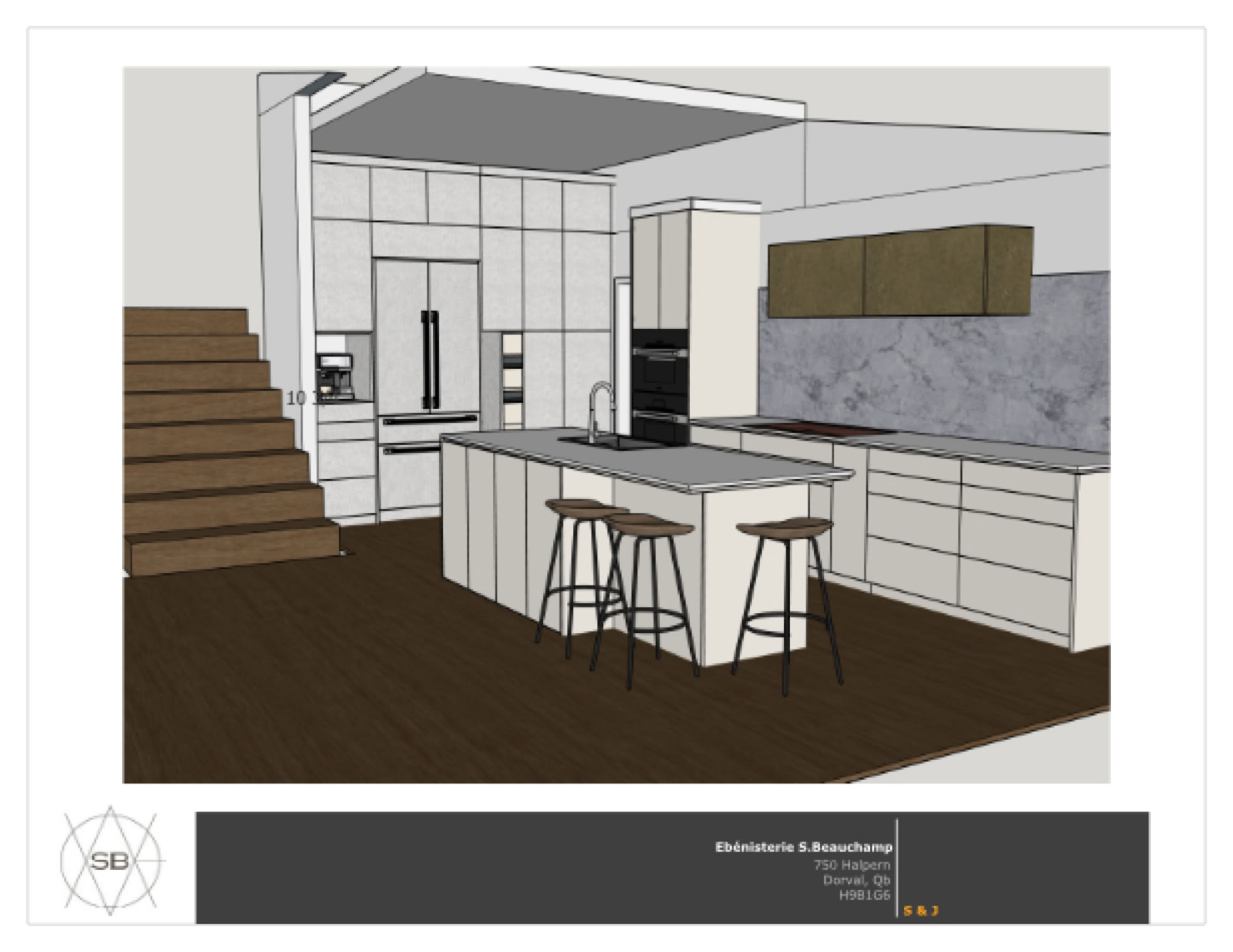 Rendu d'une cuisine moderne avec un îlot central, deux tabourets, des armoires blanches, un mur en marbre gris, et un escalier à gauche.
