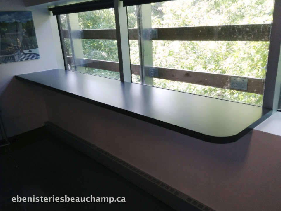 Un long comptoir noir sous une fenêtre avec vue sur des arbres à l'extérieur.