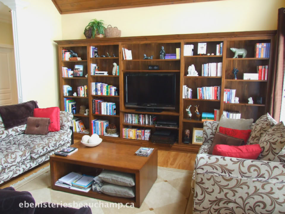 Salon avec deux canapés à motifs floraux, une table basse en bois, et une grande étagère murale contenant des livres, un téléviseur et divers objets décoratifs.